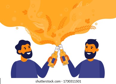 Bearded men drinking beer in bottle flat vector illustration. Hipsters smiling and cheers with wheat or malt pattern. Alcohol, drink and weekend concept