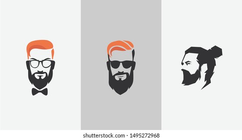 Bearded men faces hipsters with different haircuts, mustaches, beards. Silhouettes, avatars, heads, emblems, icons, labels