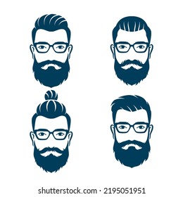 bearded men faces hipsters style, vintage hairstyle barber shop logo illustration design