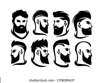 Bearded men heads collection. Brutal man face logo emblem labels set. Barber shop logotype design elements. Vector vintage illustration.