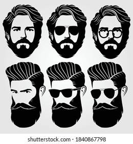 Bearded men, hipster face. Fashion silhouette, emblem, icon, label. Vector illustration.