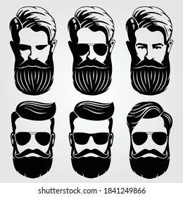 Bearded men, hipster face. Fashion silhouette, emblem, icon, label. Vector illustration.