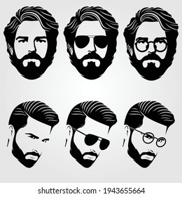 Bearded men, hipster face. Fashion silhouette, emblem, icon, label. Vector illustration.