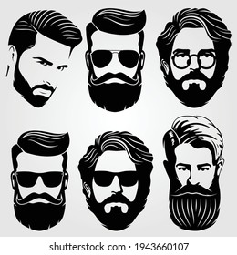 Bearded men, hipster face. Fashion silhouette, emblem, icon, label. Vector illustration.