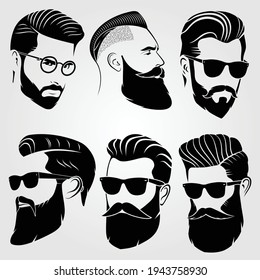 Bearded men, hipster face. Fashion silhouette, emblem, icon, label. Vector illustration.