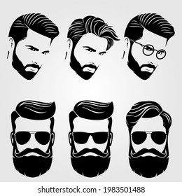 Bearded men, hipster face. Fashion silhouette, emblem, icon, label. Vector illustration.