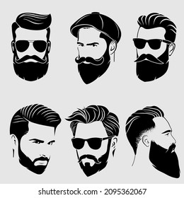 Bearded men, hipster face. Fashion silhouette, emblem, icon, label. Vector illustration