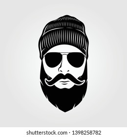 Bearded men in knit hat, hipster face. Fashion silhouette, emblem, icon, label. Vector illustration.