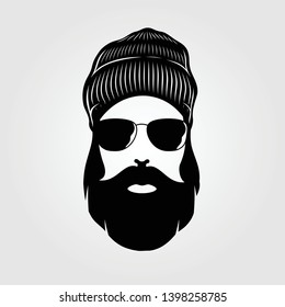 Bearded men in knit hat, hipster face. Fashion silhouette, emblem, icon, label. Vector illustration.