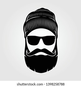 Bearded men in knit hat, hipster face. Fashion silhouette, emblem, icon, label. Vector illustration.