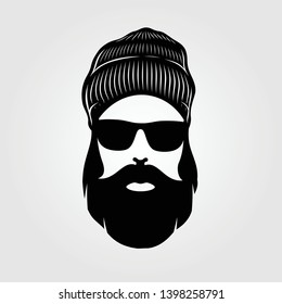 Bearded men in knit hat, hipster face. Fashion silhouette, emblem, icon, label. Vector illustration.