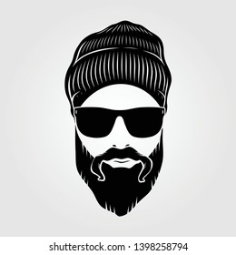 Bearded men in knit hat, hipster face. Fashion silhouette, emblem, icon, label. Vector illustration.