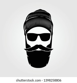 Bearded men in knit hat, hipster face. Fashion silhouette, emblem, icon, label. Vector illustration.