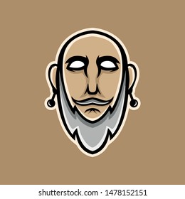 Bearded men mascot logo. Bald man logo. Bald and bearded man wearing earrings