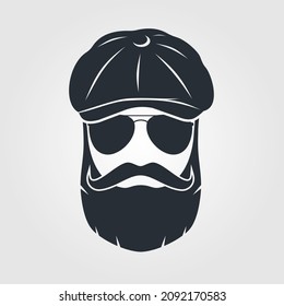 Bearded men in a Newsboy Cap and in sunglasses. Hipster face icon isolated. Vector illustration
