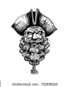 Bearded Men With A Pirate Cap On His Head, Hand Drawn Sketch Vector Background.