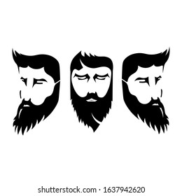 Bearded men silhouette with different points of view isolated on white. Men with beard from left side, front and right side. Barbershop logo template theme. Vector illustration.