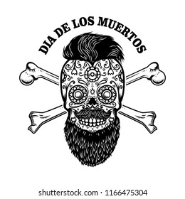 Bearded mexican sugar skull with crossbones. DAY OF THE DEAD. Design element for poster, greeting card, banner, t shirt, flyer, emblem. Vector illustration