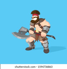 Bearded, muscular, angry barbarian warrior with big and sharp axe. Vector illustration