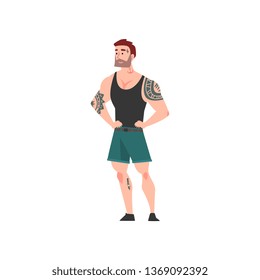 Bearded Muscular Man with Tattoo, Attractive Tattooed Guy Wearing Black Sleeveless Shirt and Shorts Vector Illustration