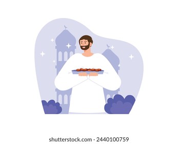 Bearded Muslim man carrying a plate of dates with a mosque building. Character design. Vector flat illustration