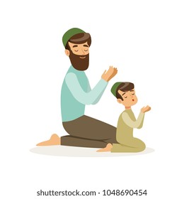 Bearded muslim man and his son praying to Allah. Islamic religion. Arab family. Father and child in national headdress. Cartoon people characters. Flat vector design