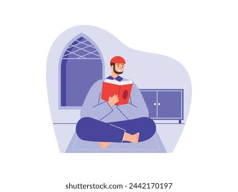 Bearded muslim man is sitting in the mosque and reading the quran. Character design. Vector flat illustration