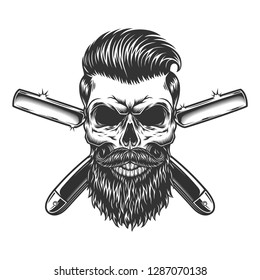 Bearded and mustached barber skull with trendy hairstyle and crossed razors in vintage monochrome style isolated vector illustration