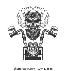 Bearded and mustached biker skull in bandana with motorcycle front view in vintage monochrome style isolated vector illustration