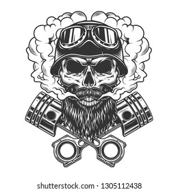 Bearded and mustached biker skull in smoke cloud with crossed engine pistons in vintage monochrome style isolated vector illustration