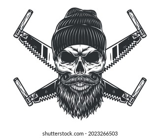 Bearded and mustached carpenter skull in beanie hat and sharp crossed two handed saws in vintage monochrome style isolated vector illustration