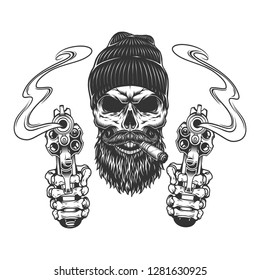 Bearded And Mustached Gangster Skull In Beanie Hat Smoking Cigar And Skeleton Hands Holding Pistols Isolated Vector Illustration