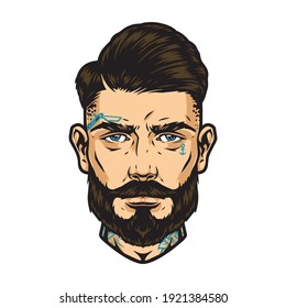 Bearded and mustached handsome head with tattoos and trendy hairstyle in vintage style isolated vector illustration