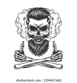 Bearded and mustached hipster skull in smoke cloud with crossed skeleton hands holding vaporizers in vintage monochrome style isolated vector illustration