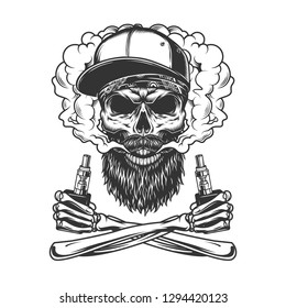 Bearded and mustached hipster skull wearing baseball cap in smoke cloud with crossed skeleton hands holding vaporizers in vintage style isolated vector illustration