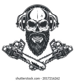 Bearded and mustached lumberjack skull in protective headphones and crossed chainsaws in vintage monochrome style isolated vector illustration