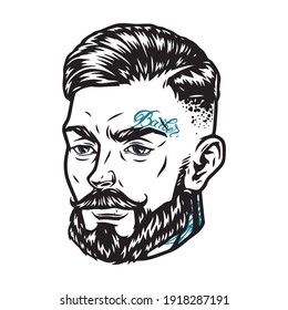 Bearded and mustached man head with barber tattoo over eyebrow isolated vector illustration