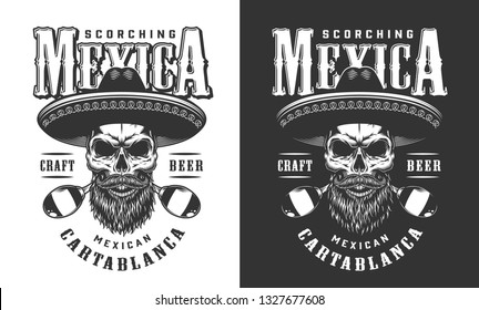 Bearded and mustached mexican skull emblem with sombrero and maracas in vintage monochrome style isolated vector illustration