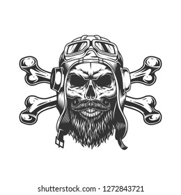 Bearded and mustached military skull in pilot helmet and goggles with crossbones in vintage style isolated vector illustration