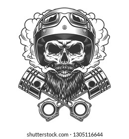 Bearded and mustached motorcyclist skull and crossed engine pistons in smoke cloud in vintage monochrome style isolated vector illustration