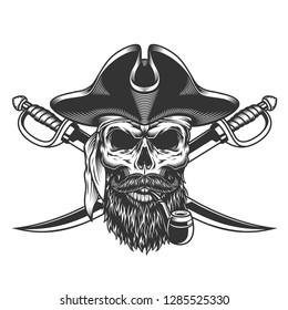 Bearded and mustached pirate skull smoking pipe with crossed swords in vintage style isolated vector illustration