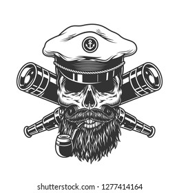 Bearded and mustached sea captain skull with smoking pipe and crossed spyglasses in vintage style isolated vector illustration