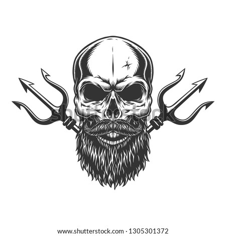 Bearded and mustached skull with crossed poseidon tridents in vintage monochrome style isolated vector illustration