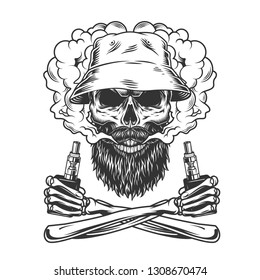 Bearded and mustached skull wearing panama hat in smoke cloud with crossed skeleton hands holding vaporizers in vintage style isolated vector illustration