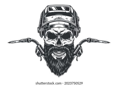 Bearded and mustached skull in welding mask with gas torches in vintage monochrome style isolated vector illustration