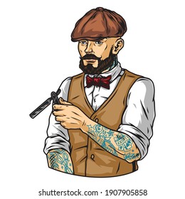 Bearded and mustached tattooed stylish barber in irish cap with straight razor in vintage style isolated vector illustration