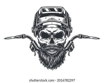 Bearded and mustached welder skull in protective mask with two gas torches in vintage monochrome style isolated vector illustration