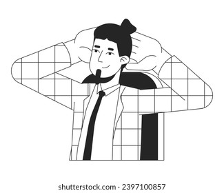 Bearded office man keeping hands behind head black and white 2D line cartoon character. Caucasian adult male isolated vector outline person. Workplace break enjoy monochromatic flat spot illustration