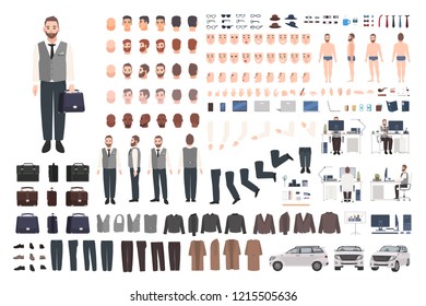 Bearded Office Worker, Clerk Or Manager Creation Set Or DIY Kit. Bundle Of Male Cartoon Character Body Parts, Clothes, Faces Isolated On White Background. Colorful Vector Illustration In Flat Style.