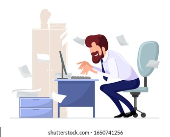 Bearded Office Worker, Employee Sitting On Chair At Computer Desk, Working Enthusiastically At Background Of Cupboard, Plant, Scattered Papers. Hardworking Man Typing. Cartoon Vector Illustration.